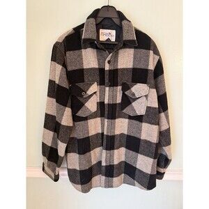 Fox Knapp Shirt Jacket Mens Large Black Gray Good Wool Blend Buffalo Plaid Lined